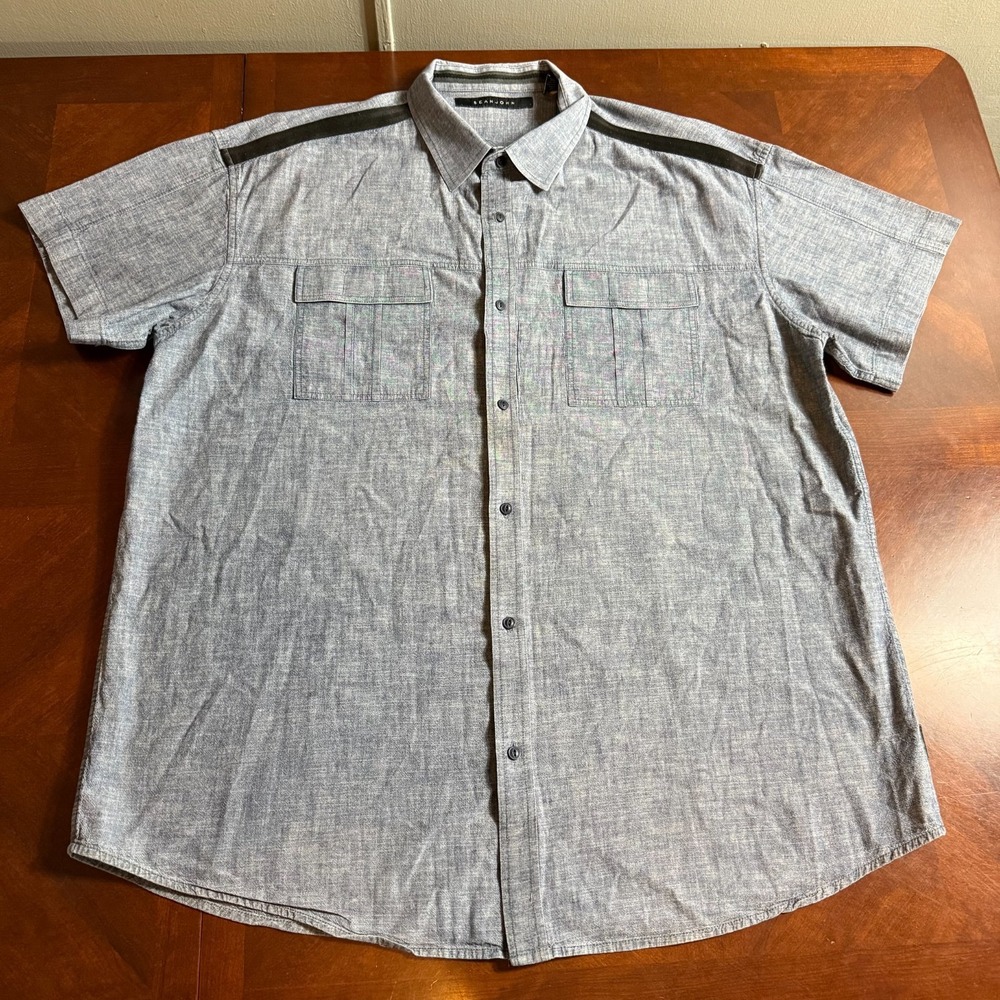 Sean John Chambray Utility Shirt 3XB Short Sleeve Button Front blue